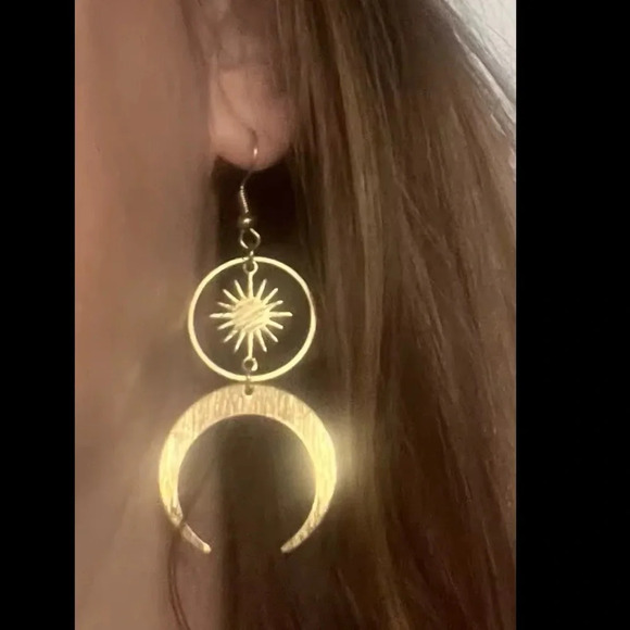 Celestial Moon Sun Brass Earrings - Picture 6 of 6